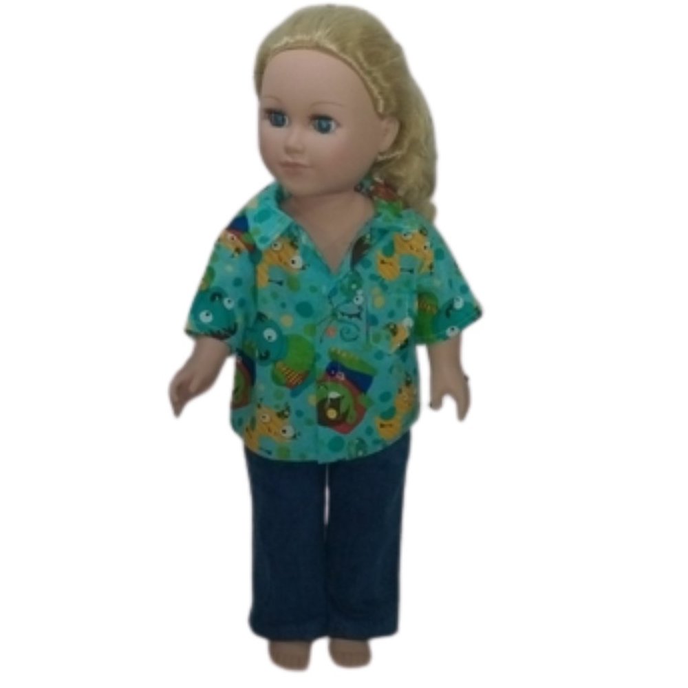 Unisex Monster Print Camp Shirt Handmade for 18" Dolls